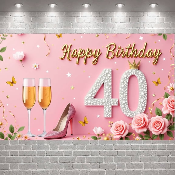 Pink Theme Happy 40th Birthday Banner Gold Glitter Women's Birthday Display Floral Design Butterfly Accents Pink Party Backdrop for 40th Birthday Party Women's Celebration Indoor Party Decoration