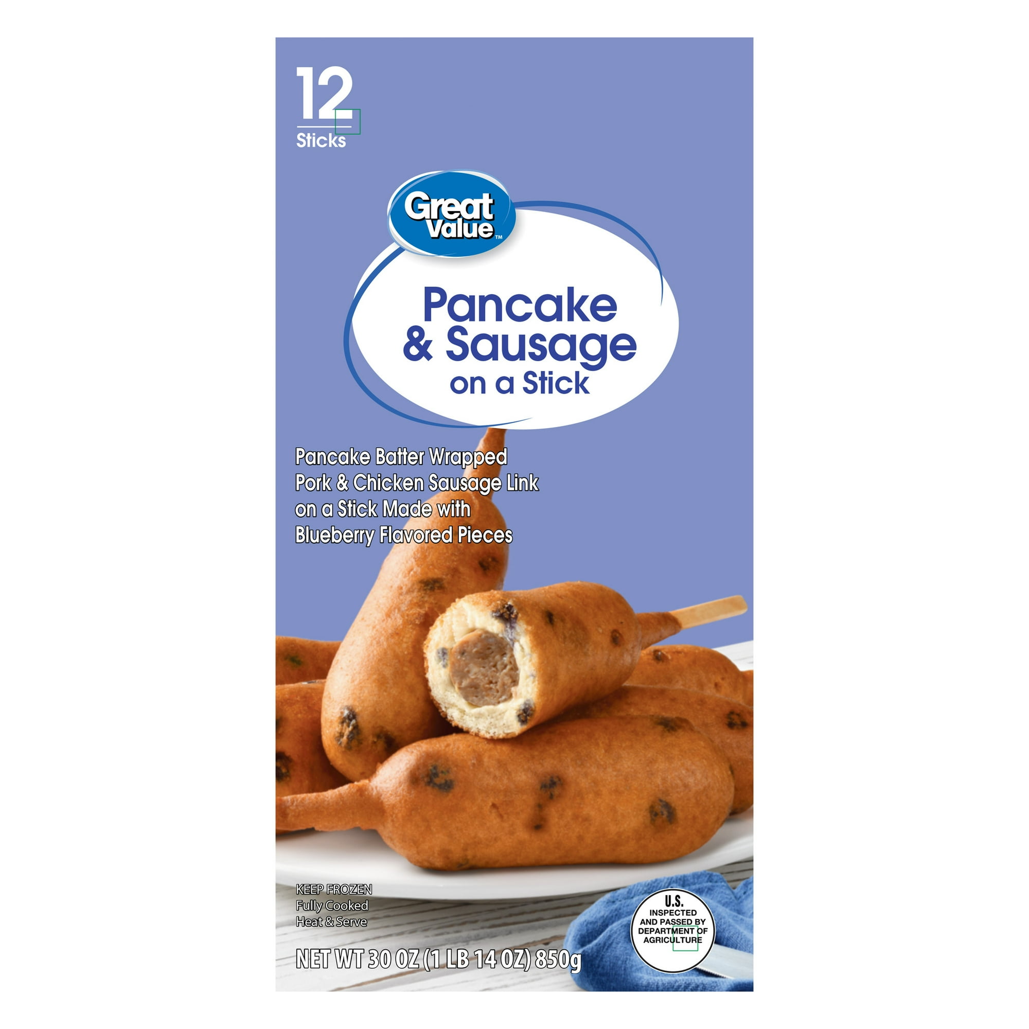 Great Value Blueberry Pancakes and Sausage on a Stick Box, 30 oz, 12 Count (Frozen).