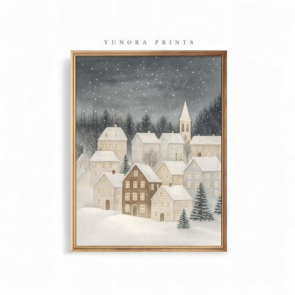 Village, Cozy Winter Town , Snowy Night Wall Art, Home Decor Unframed Paper Print
