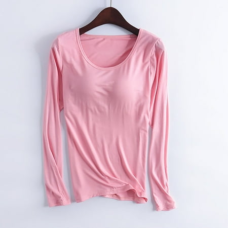 SDNall Womens Built-In Bra T-Shirt Padded Solid Color Crew Neck Long Sleeved Top with Bra Pad Cup Home Clothes Long-Sleeved Pajamas (XXXL-XXXXL Watermelon Red)