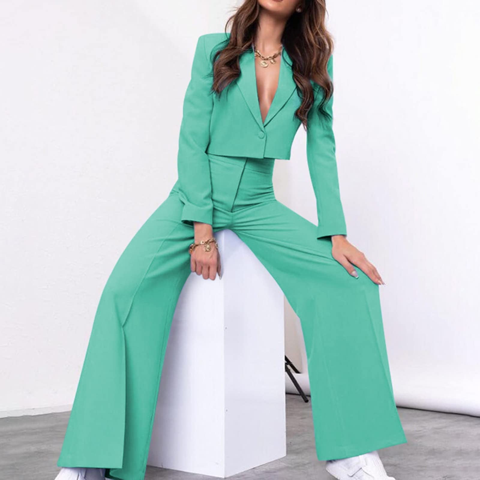 Womens Fashion Clothes Mint Green Trouser Suit with Plain LSTV119873