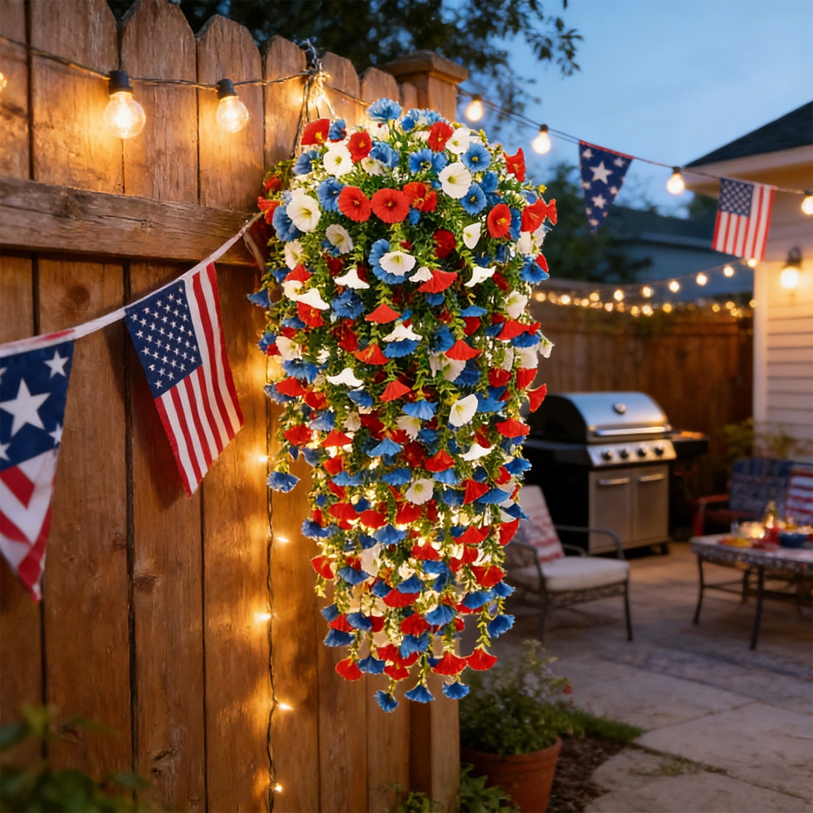 Red Blue White Flowers, Patriotic Artificial Hanging Plants, 4th of July 250th Anniversary Porch Decor Independence Day Floral Arrangement for Memorial Day Home Outdoor
