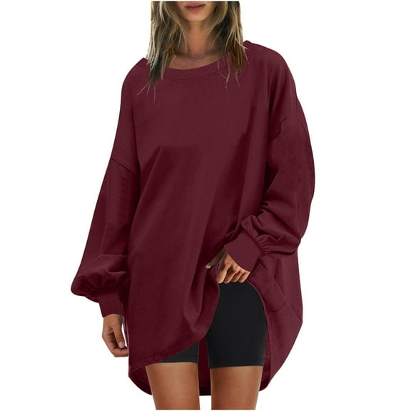 Cotton Oversized Sweatshirts Long Tops to Wear with Leggings Womens Crewneck Full Sleeve Plain Pullover Sweaters (XL, Wine)