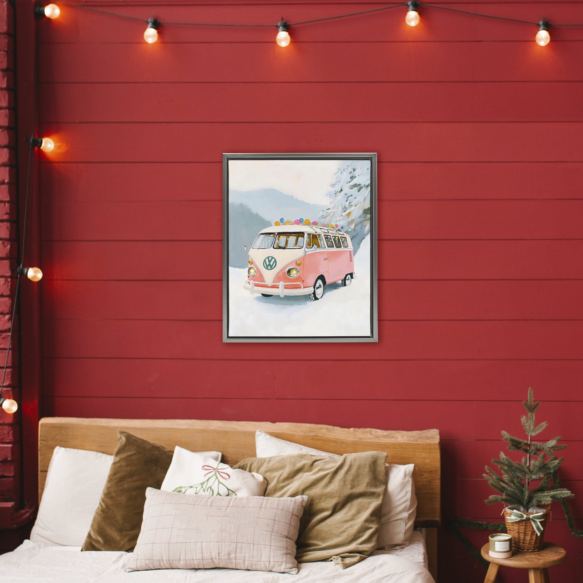 Stupell Industries Pink Christmas Van in Snow Gray Framed Floater Canvas Wall Art, design by The Prints Vibe