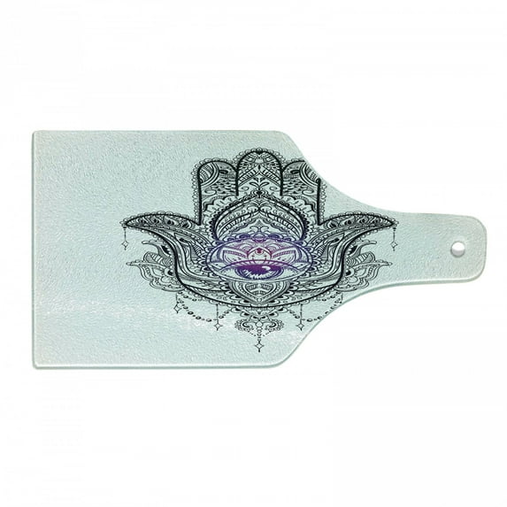 Evil Eye Cutting Board, Art Curvy Floral Details Eastern Ornaments, Decorative Tempered Glass Cutting and Serving Board, Wine Bottle Shape, Purple White and Black, by Ambesonne