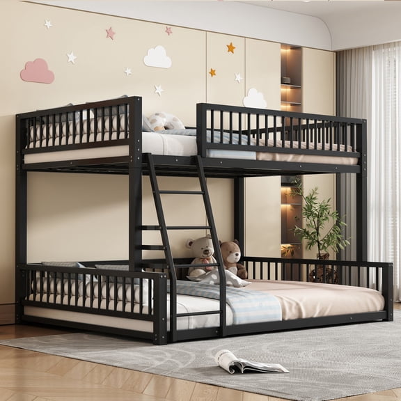 Twin XL over Queen Size Floor Bunk Bed Convertible into 2 Floor Beds Metal Bunk Bed Frame with Fence Guardrails Queen Bunk Bed for Teens, Adult (Black)