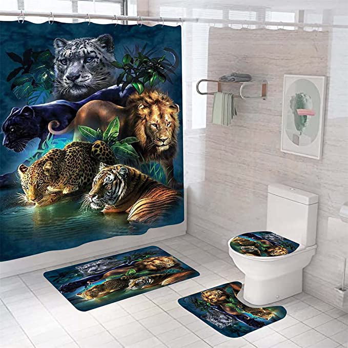 Wild Animal Lion Tiger Leopard Big Cats Waterproof Fabric Shower Curtain Set 72" 