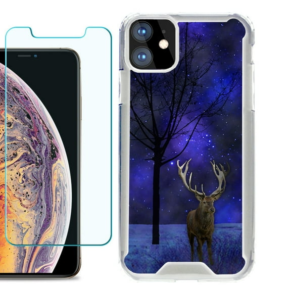 For Apple iPhone 11 Case, Hybrid Bumper Phone Case, with Tempered Glass Screen Protector, by OneToughShield ® - Midnight Deer