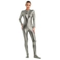 thumbnail image 3 of inlzdz Womens Shiny Metallic Long Sleeve Unitard for Gymnastics Dance Performance Grey XL, 3 of 7