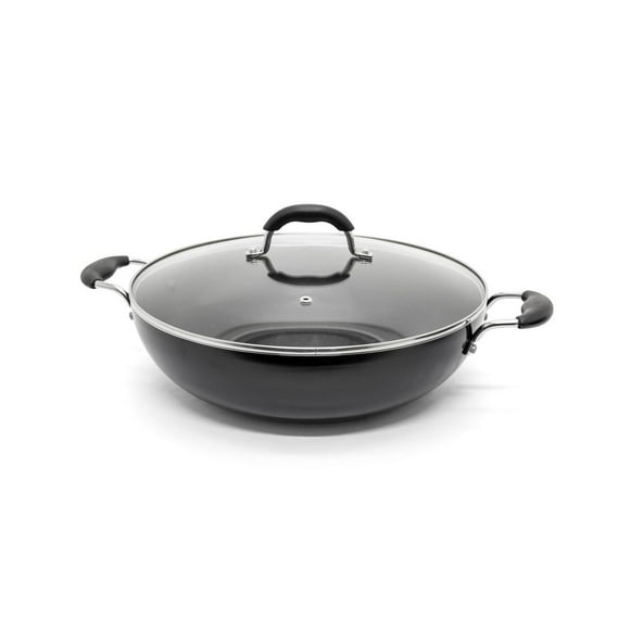 Starfrit Wok de 34cm (13") avec revêtement antiadhésif, Capacité de 7L (7,5Qt), Va au lave-vaisselle, Poignées de chaque côté, Couvercle en verre trempé, Noir