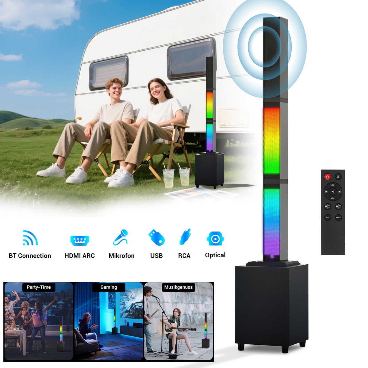 CURUK Bluetooth Surround Sound Speaker System 30W Subwoofer, 2* 15W Tweeter Detachable RGB Lights with Remote,  for Home Theater, TV, PC, K-Song, USB/AUX/TWS