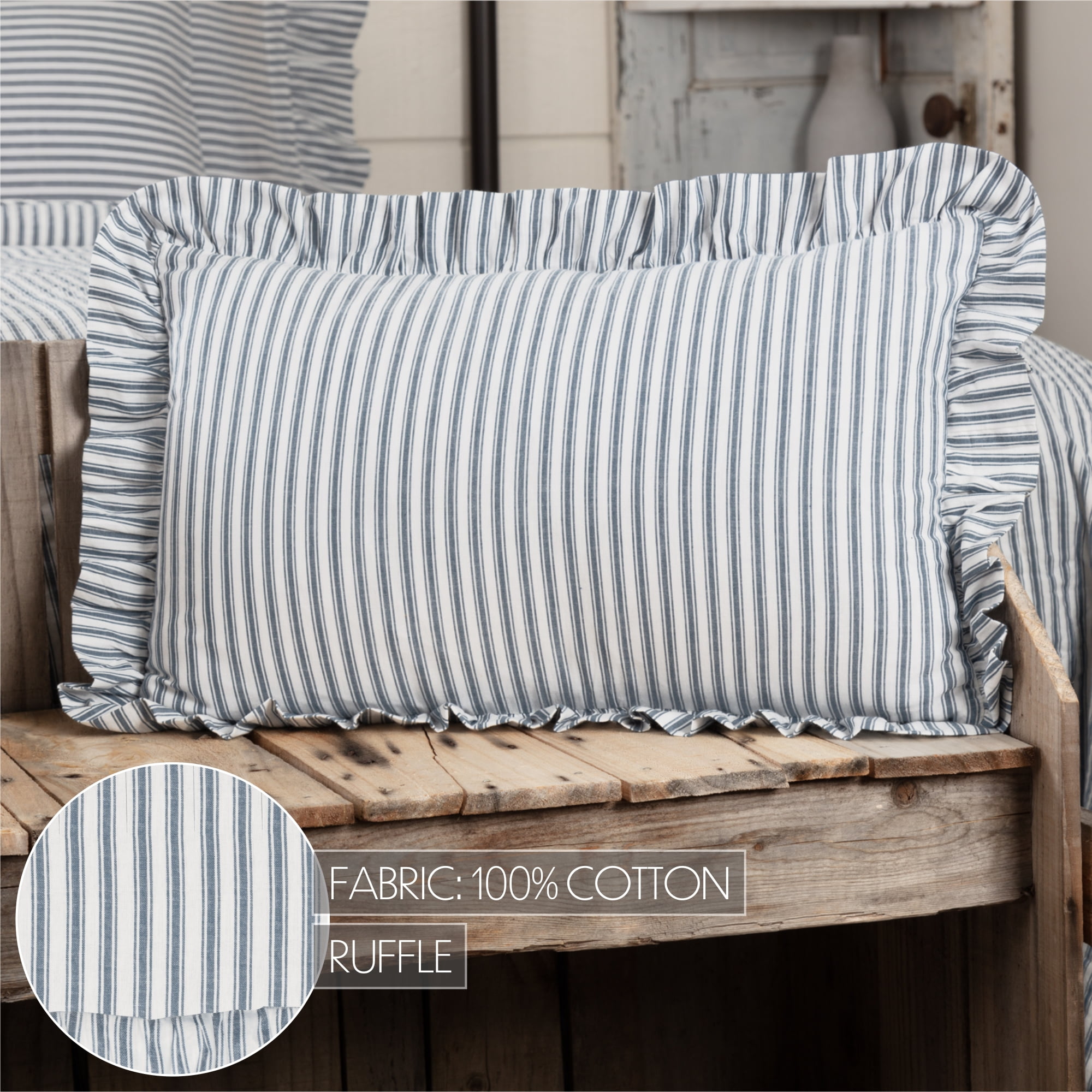 VHC Brands Sawyer Mill Ticking Striped Cotton Farmhouse Pillow 22x14 Filled Bedding Accessory, 14x22, Blue Denim