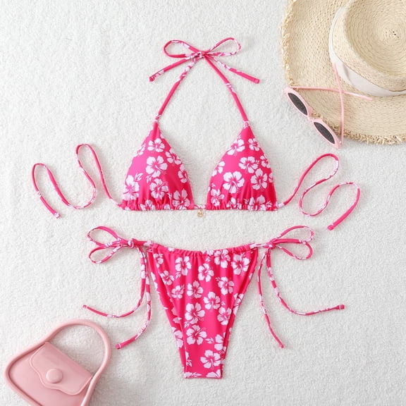 HOMBOM Womens Bathing Suit Bikini Swimwear Hot Pink Triangle Two Piece Floral High Cut Swimsuit for Ladies Pool