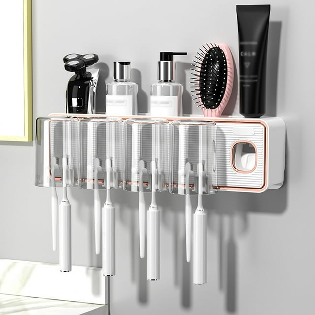 SuoKom Toothbrush Holders for Bathrooms, Toothbrush Holder Wall Mounted with Toothpaste Dispenser锛寃ith Toothbrush Cup,Tray Bathroom Toothbrush Toothpaste Dispenser