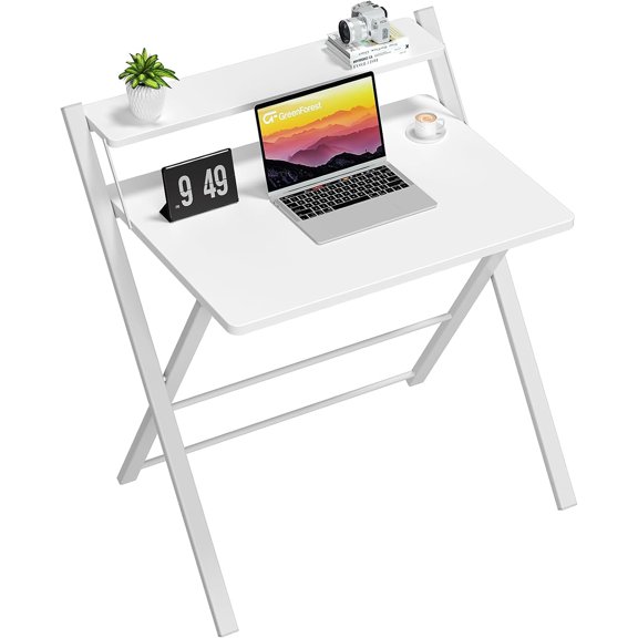 No Assembly Folding Desk, 2-Tier Compact Computer Desk with Shelf, Space Saving Foldable Table for Home Office, Dorm or Apartment, Portable Collapsible Sturdy Laptop Desk, White