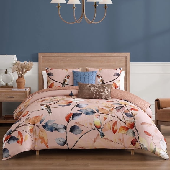 Bebejan Peachy Dogwood 5 Piece Comforter Set, Queen, Pink, Cotton Sateen, Reversible, All Season, Cozy Comfort
