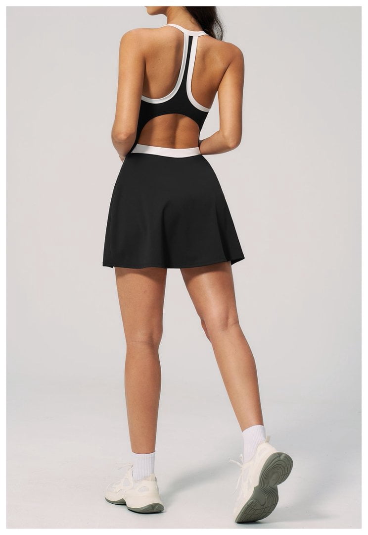 PISONIC Womens Workout Athletic Mini Dress with Built-in Shorts Sleeveless Cutout Tennis Dress