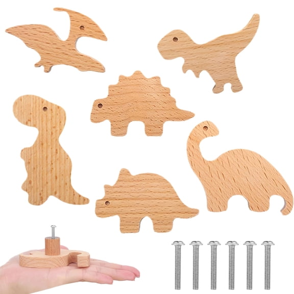 6 Pack Wooden Dinosaur Drawer Knobs – Natural Beech Wood Cabinet Pulls with Mounting Screws, Cute Dino Handles for Nursery Dresser, Room, Kitchen Cabinet & Furniture