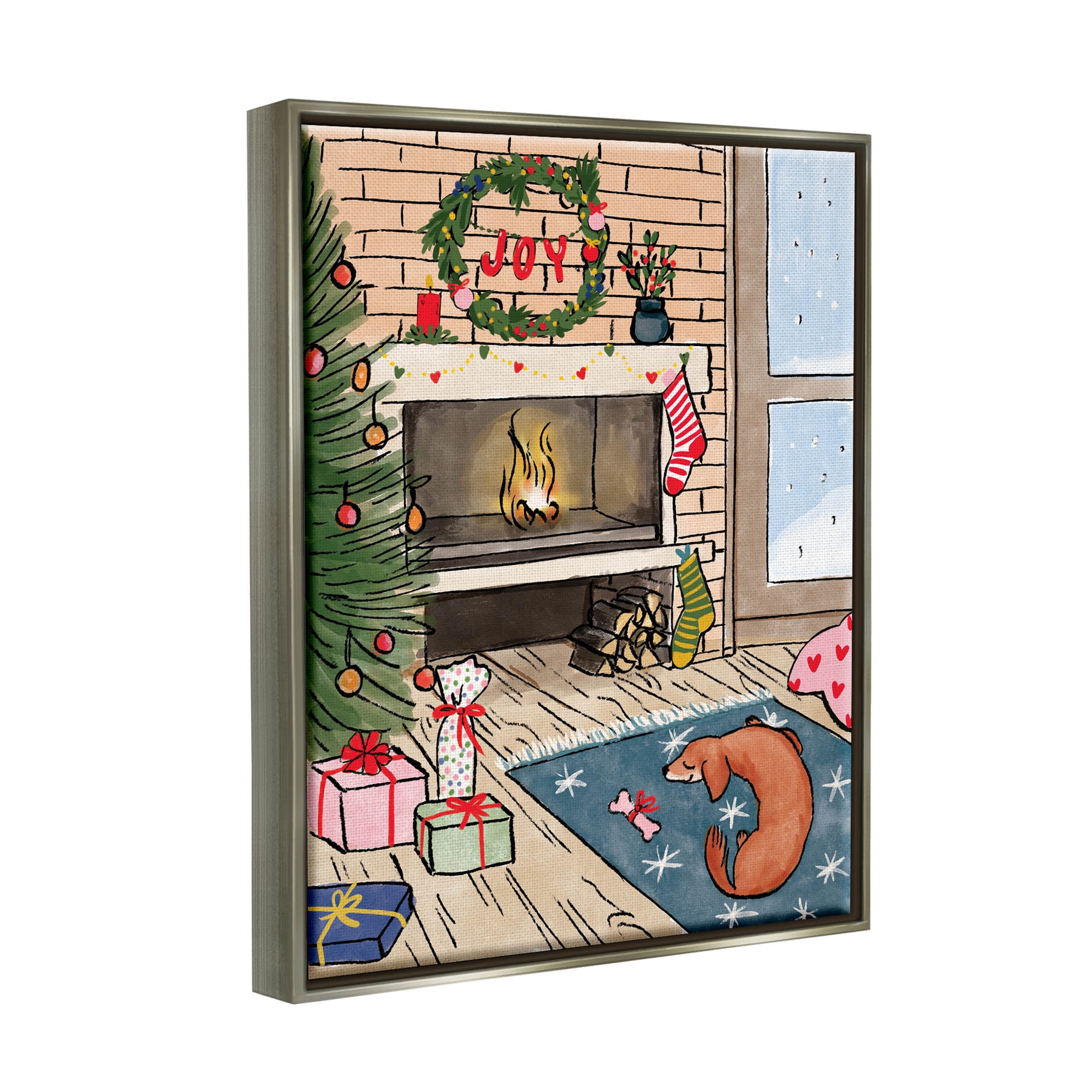 Cozy Christmas Fireplace Tree Holiday Graphic Art Luster Gray Framed Art Print Wall Art