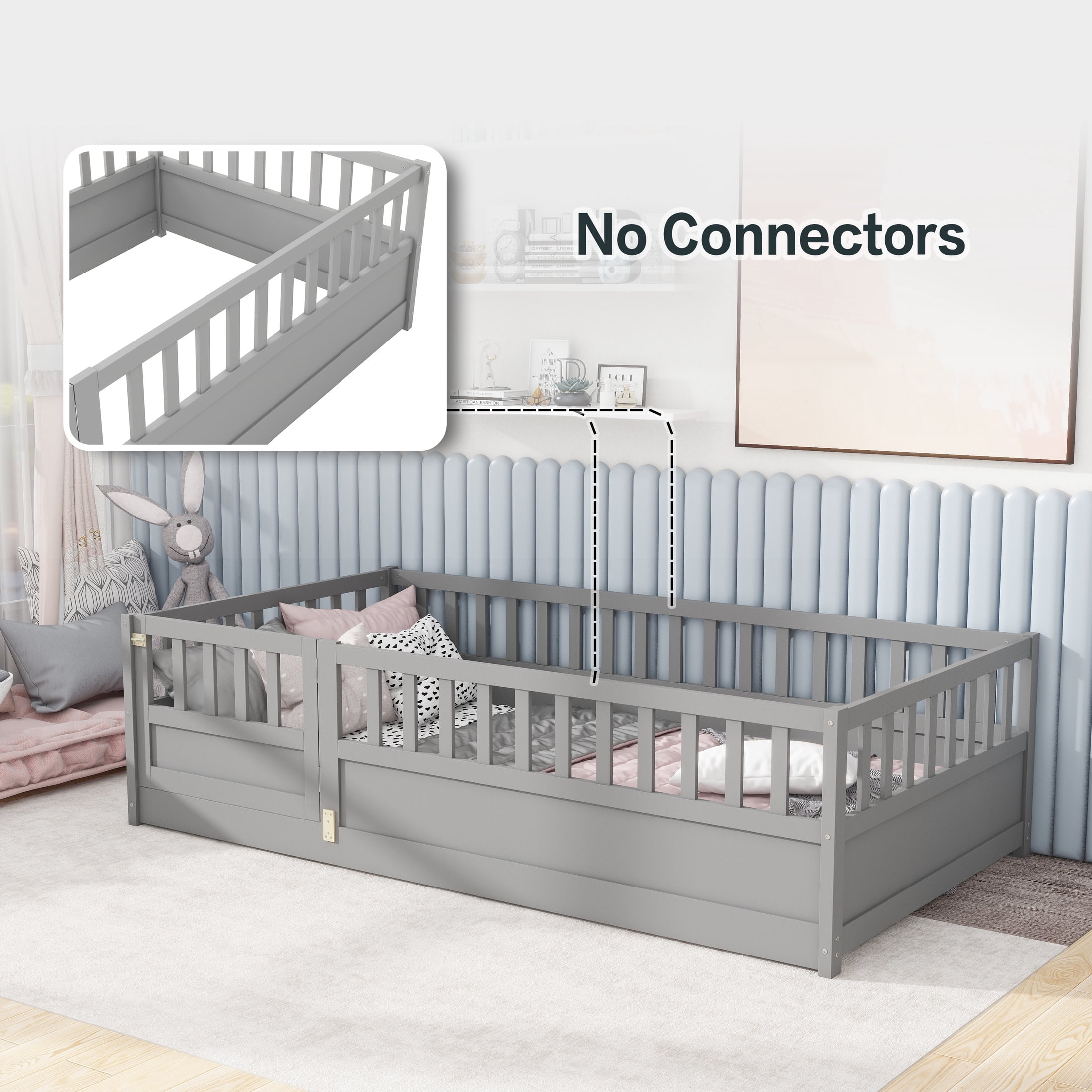 Noble House Twin Size Montessori Floor Bed with Safety Guardrails and Door, Wood Kids Bed Frame, Gray
