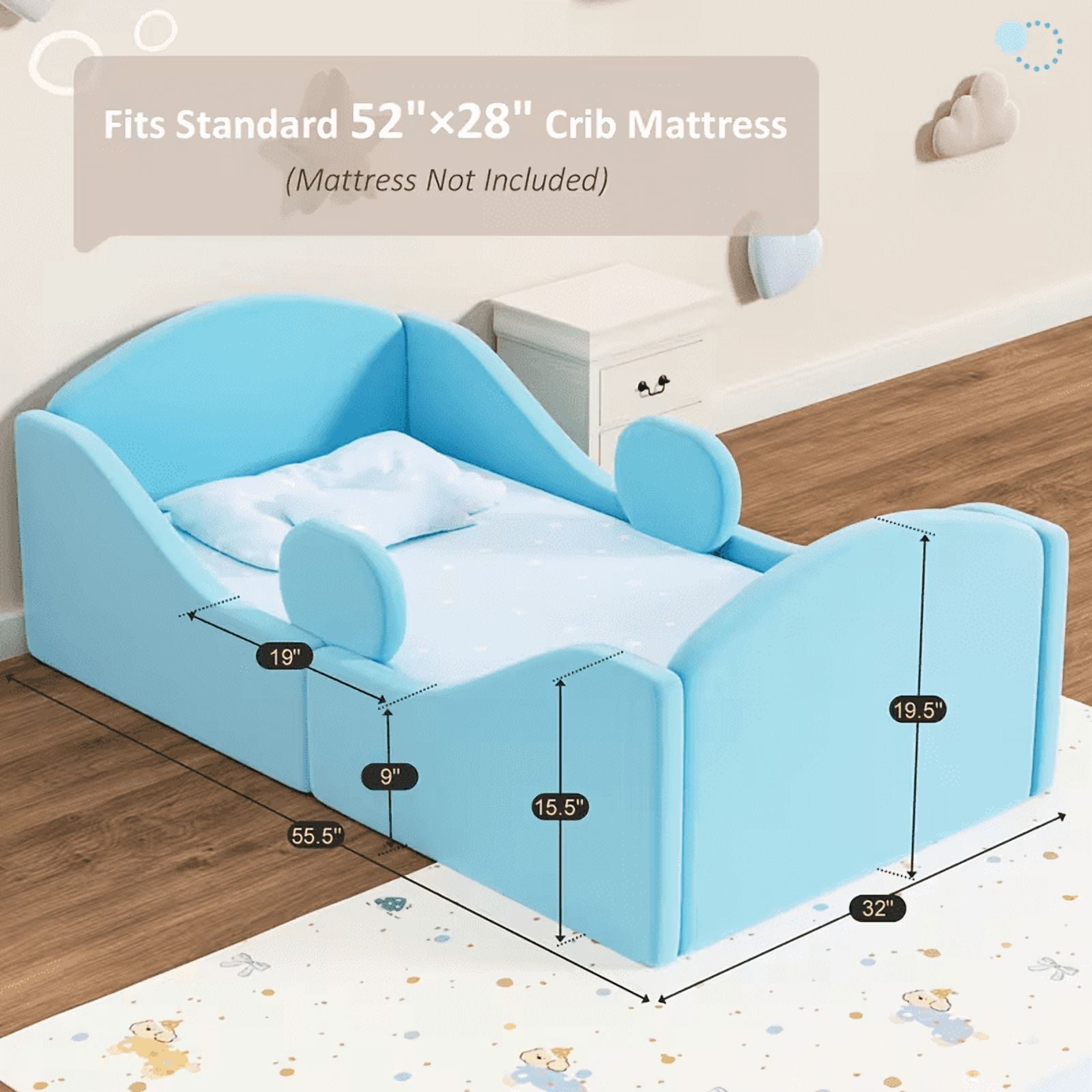 Datingday Toddler Floor Bed with Removable Safety Rails – Ultra Soft Upholstered Low-Profile Kids Bed, Standard Crib Size (Fits 52" x 28" Mattress), Blue, for Easy Crib-to-Big-Kid Bed Transition