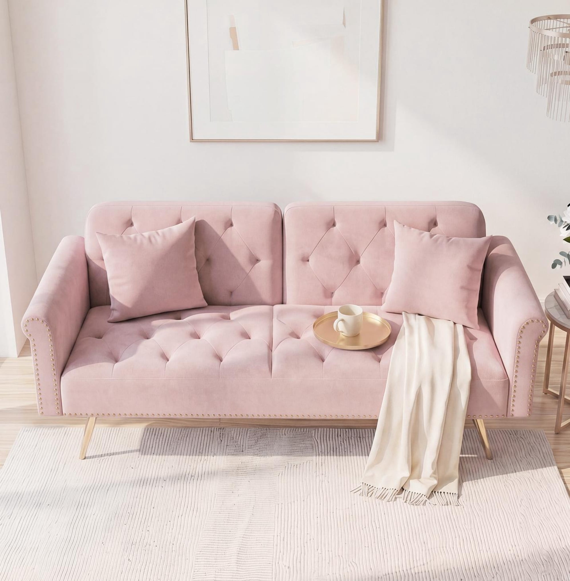 Leumius 70" Loveseat Sofa,Convertible Futon Sofa Bed Velvet Sleeper Sofa Bed with Throw Pillow & Gold Metal Legs,2-Seat Loveseat for Living Room,Bedroom,Office,Pink
