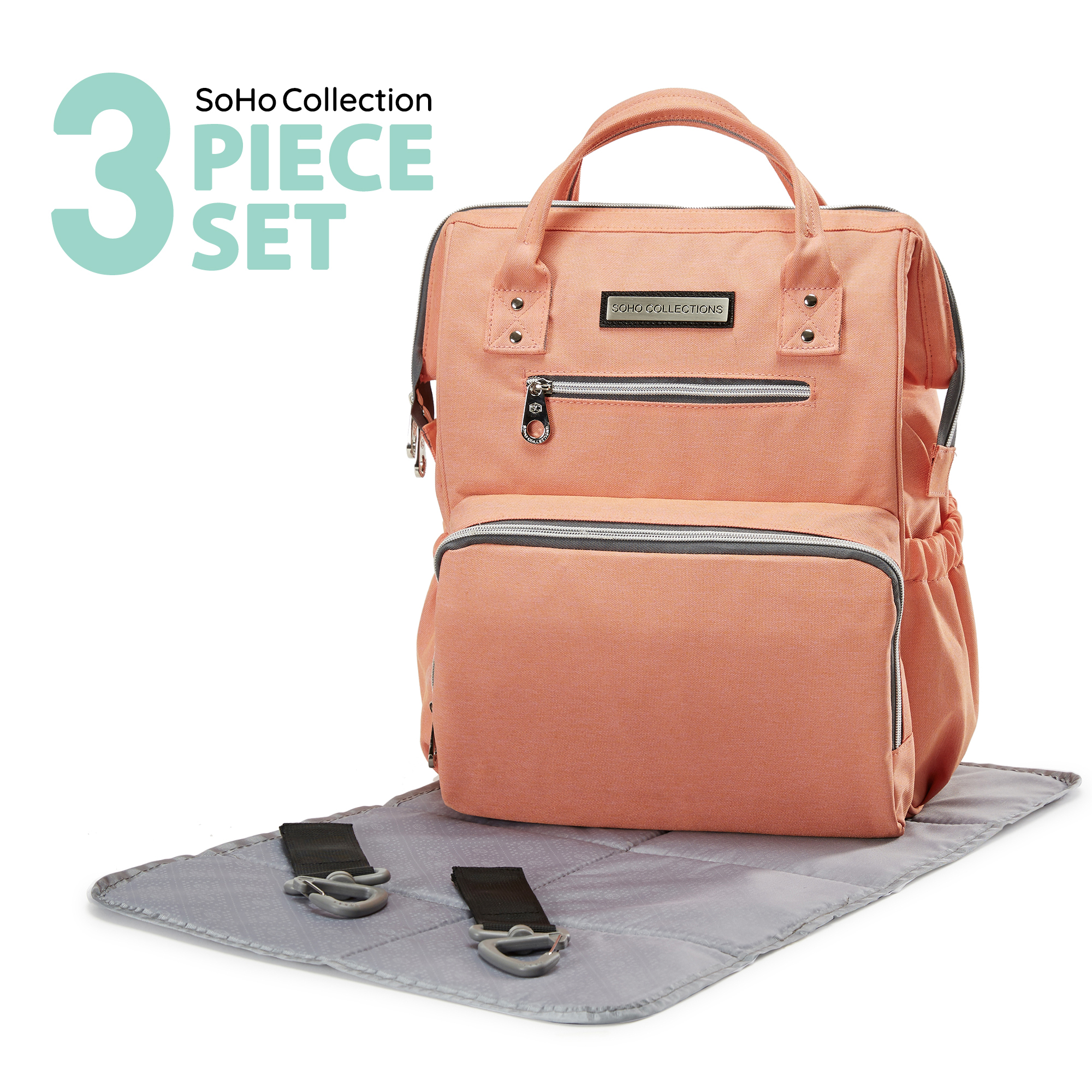 SoHo Backpack Diaper Bag, Wide Opening, Orange, 3 Piece Set