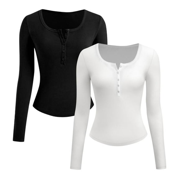 SHTXOZHI 2 Pack Womens Long Sleeve Shirts Button Solid Color Basic Shirt Going Out Slim Tops
