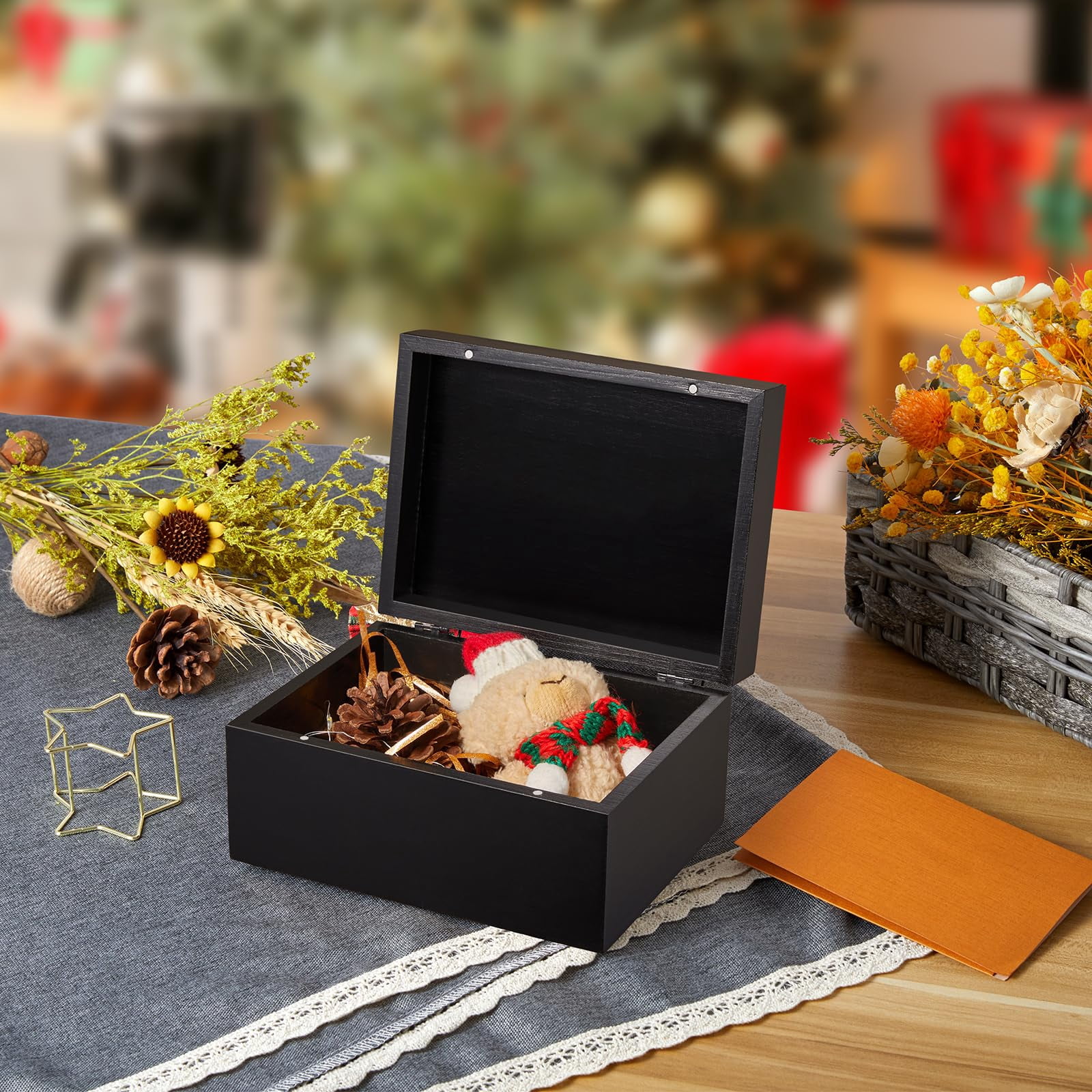 Small Keepsake Box  Black Wood Memory With Hinged Lids Wooden Storage 3x5 4x6 Decorative Card Bridal Shower Gifts