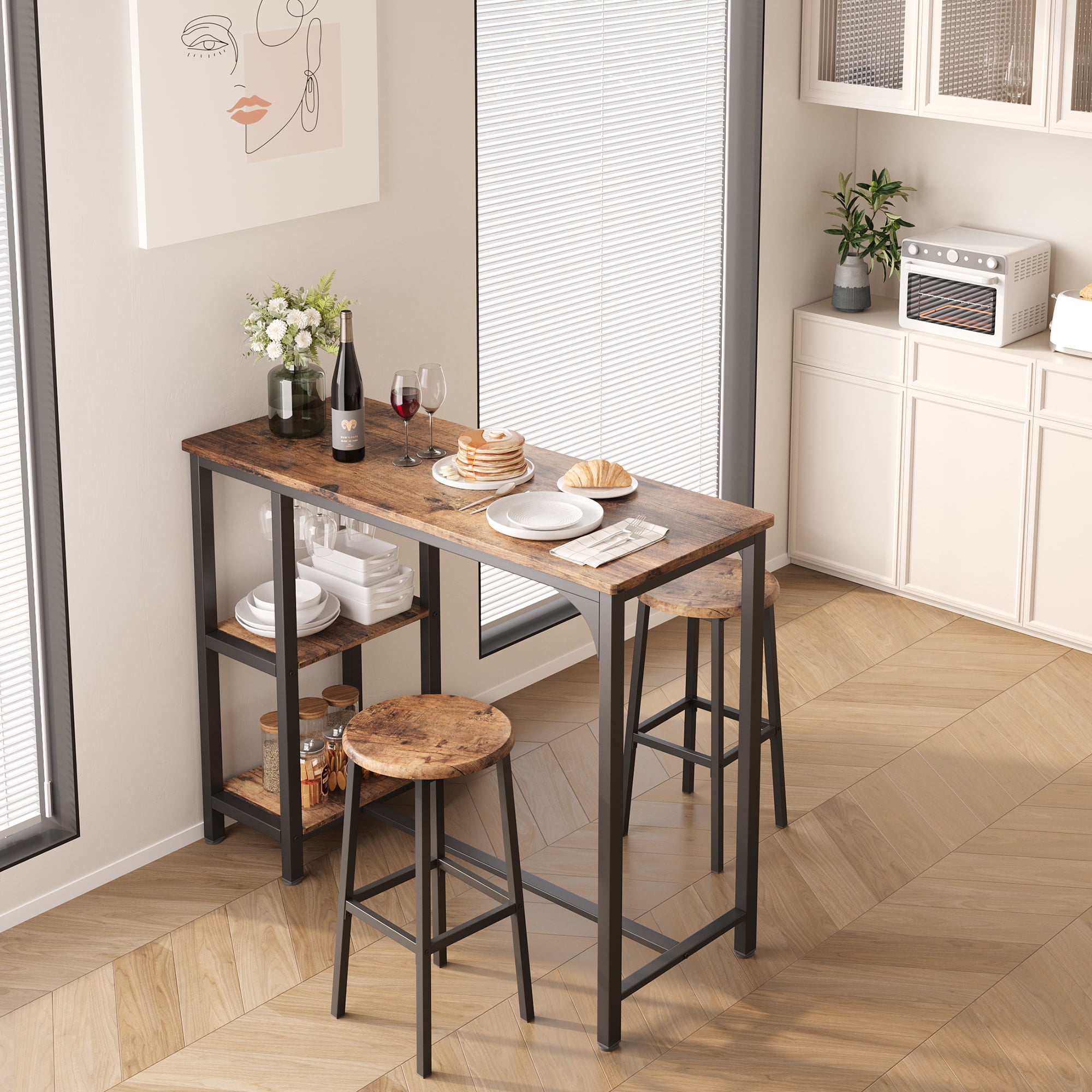 Asofer 3pcs Bar Table and Chairs Set, Kitchen Dining Table Set for 2, Industrial Bistro Set For Small Spaces, Apartment,Retro