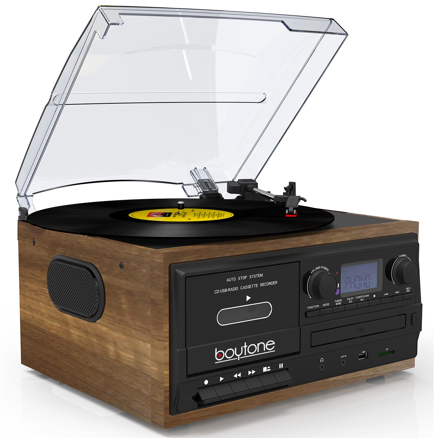 Boytone BT-32W, Bluetooth Record Player Turntable, AM/FM Radio, Cassette, CD Player, 2 Built in Speaker, Ability to Convert Vinyl, Radio, Cassette, CD to MP3 Without a Computer, SD Slot, USB, AUX