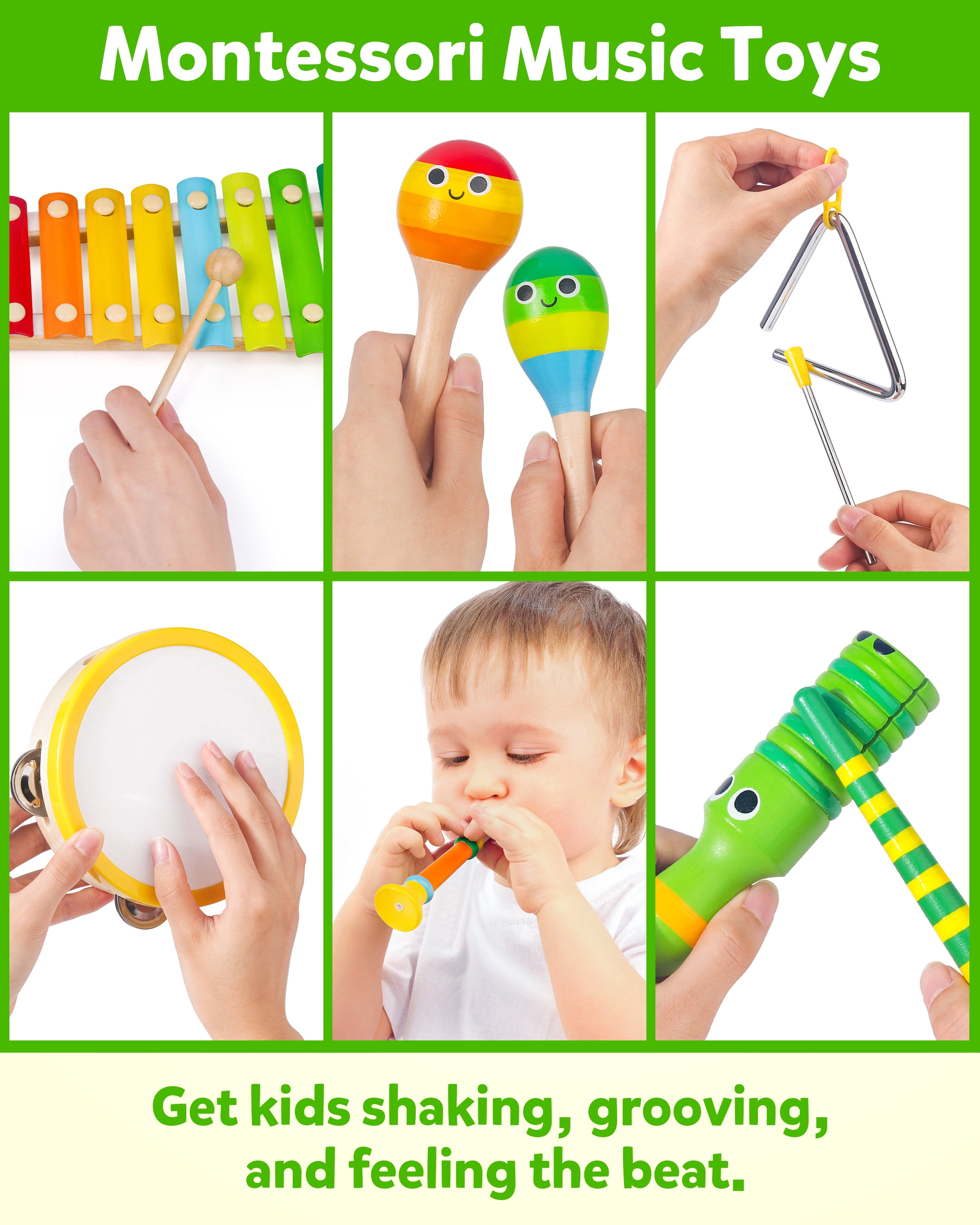 Coogam Wooden Musical Instruments for Toddlers, Tambourine Xylophone Castanet Flute Maracas Playset, Wood Percussion Rhythm Music Toy, Montessori Educational Learning for 1 Years Old