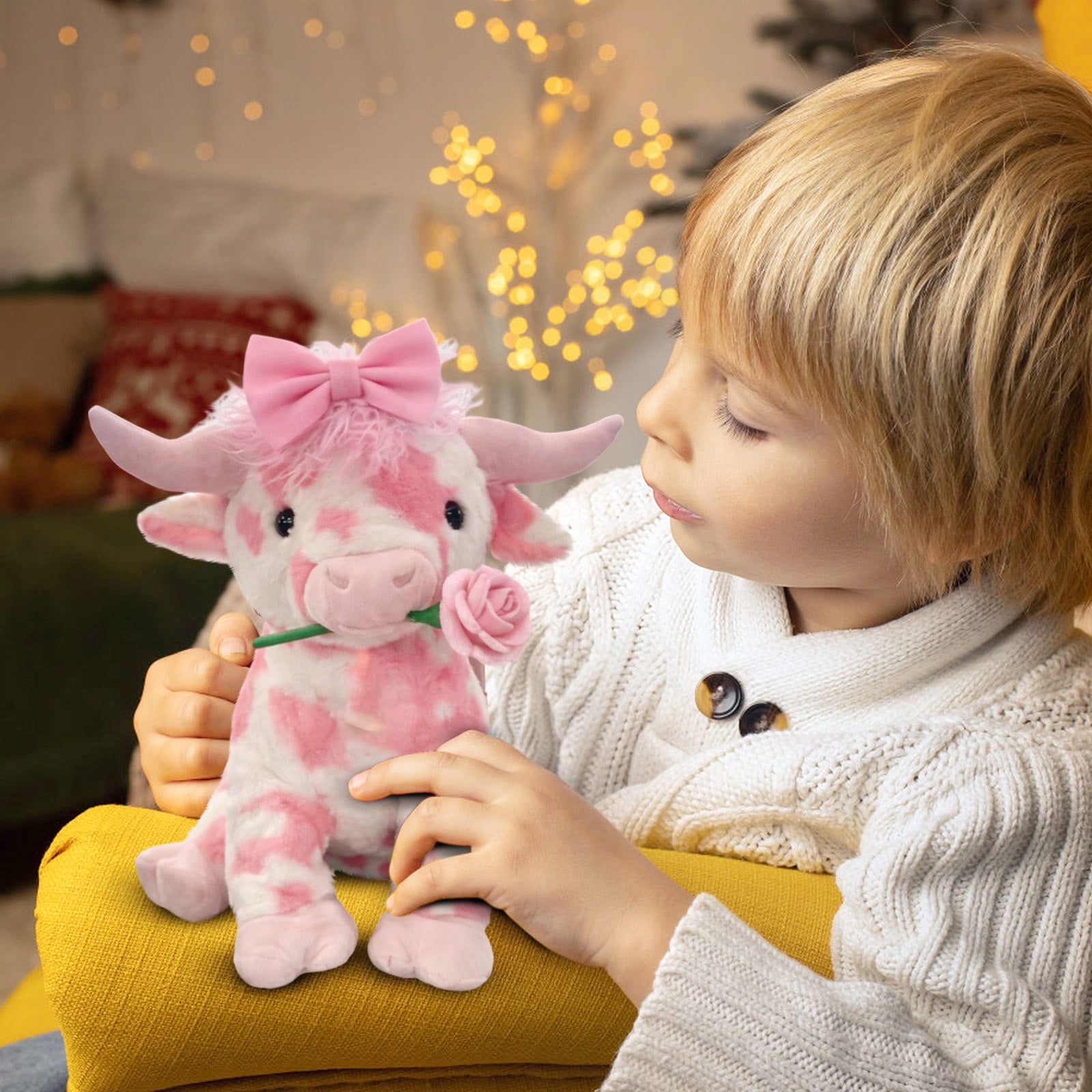 14inch Kawaii Pink Cow with Rose Stuffed Animals Plush Toy, Soft Plush Doll, Perfect Birthday Christmas Valentines Anniversary Easter Holiday Gifts, Easter Basket Stuffers