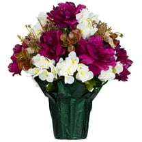 Sympathy Silks Artificial Cemetery Flowers Plum Peony and White Hydrangea Potted Silk