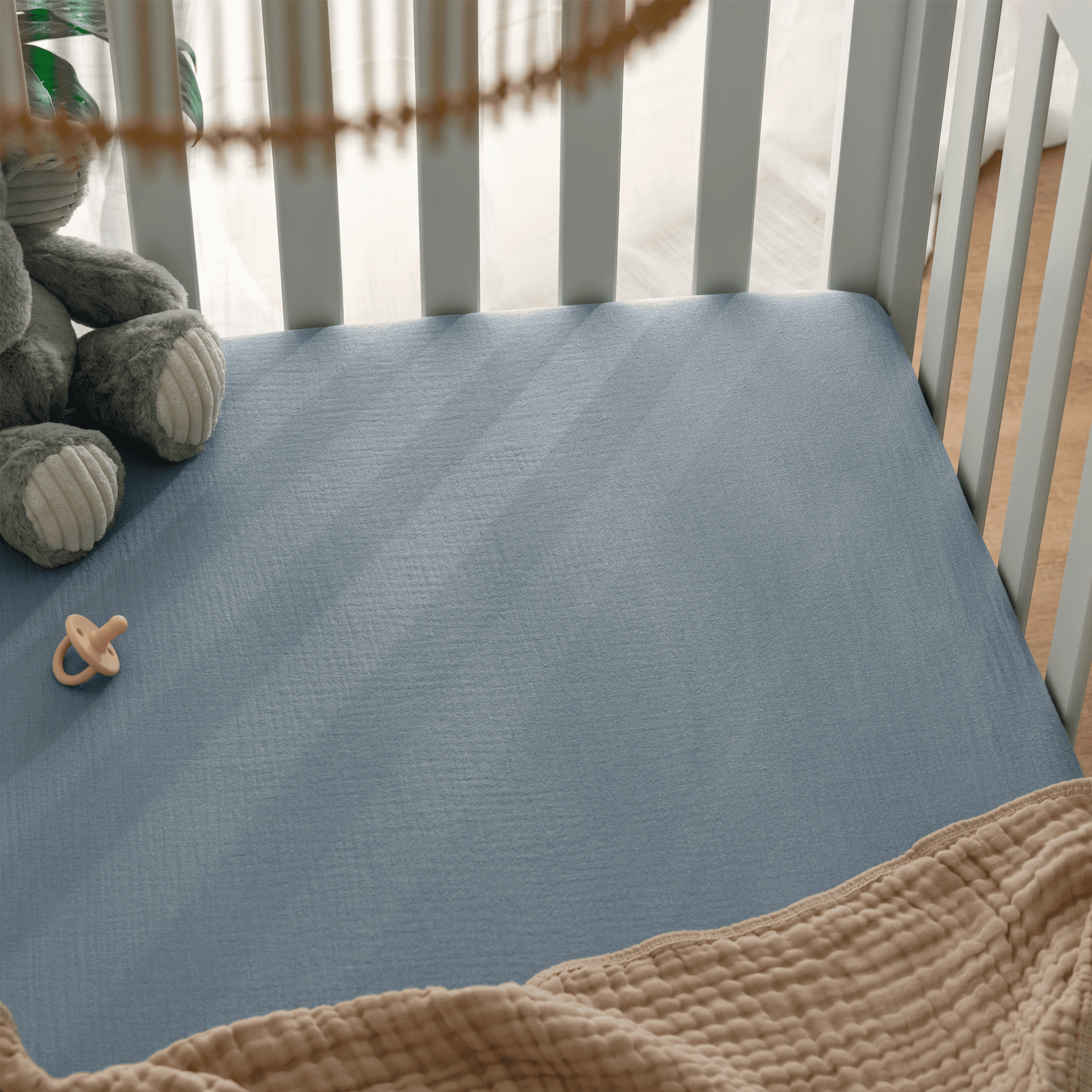 Comfy Cubs Muslin Crib Sheet, 100% Muslin Cotton Sheets for Standard Crib - 2 Pack, Pacific Blue and Heather