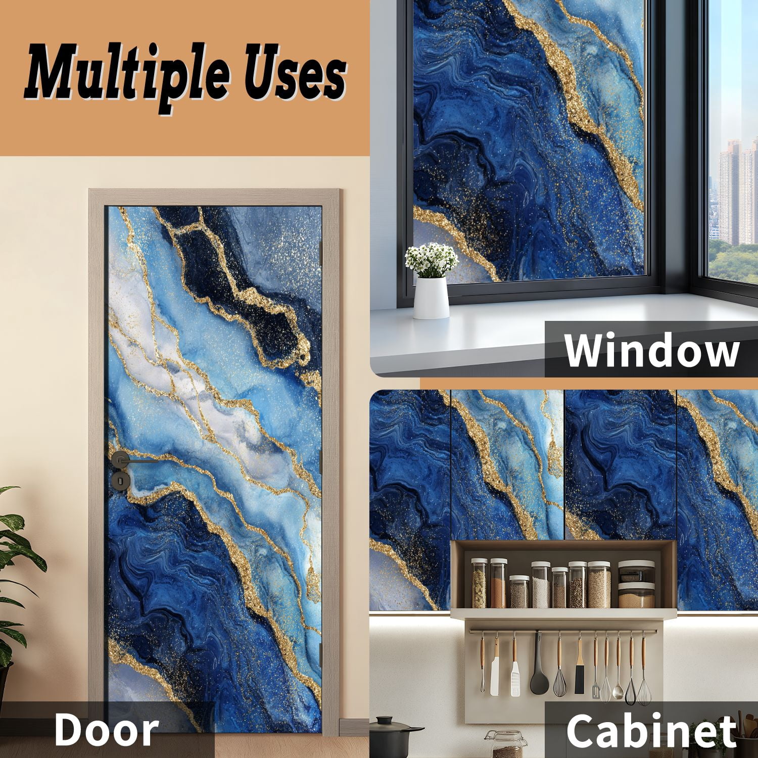 Self Adhesive Vinyl Refrigerator Wrap Set abstract white blue marble golden veins fake stone liquid Door Mural Removable Fridge Sticker Peel and Stick&nbsp;Full Door Cover Decal Kitchen Bar Decor