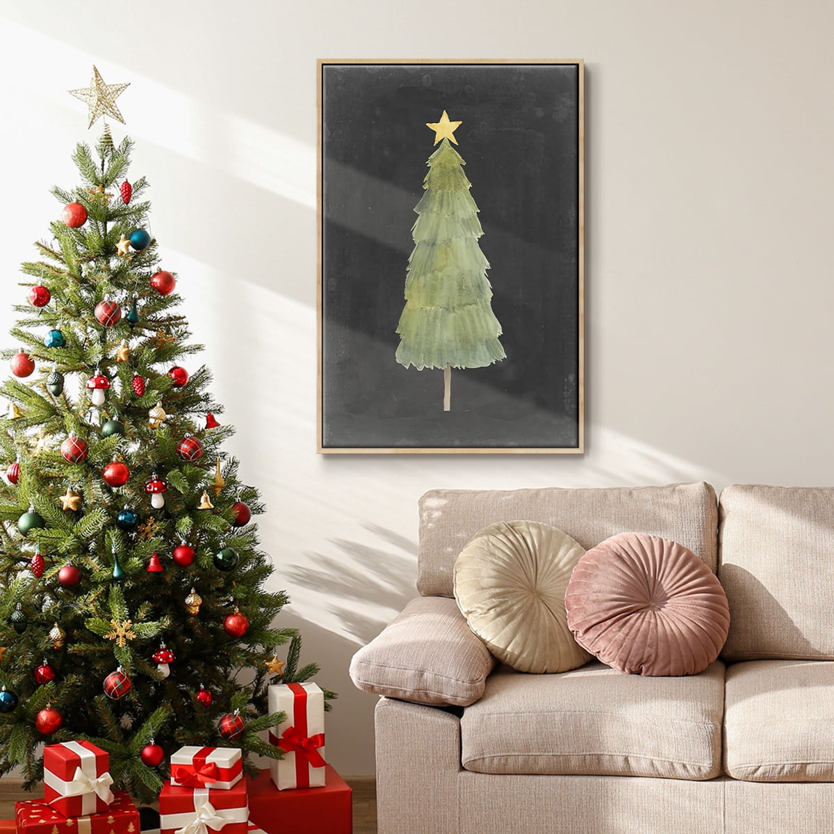 Christmas Glow Collection F - Framed Gallery Wrapped Holiday Canvas - 27 x 41 - Natural Wood Frame