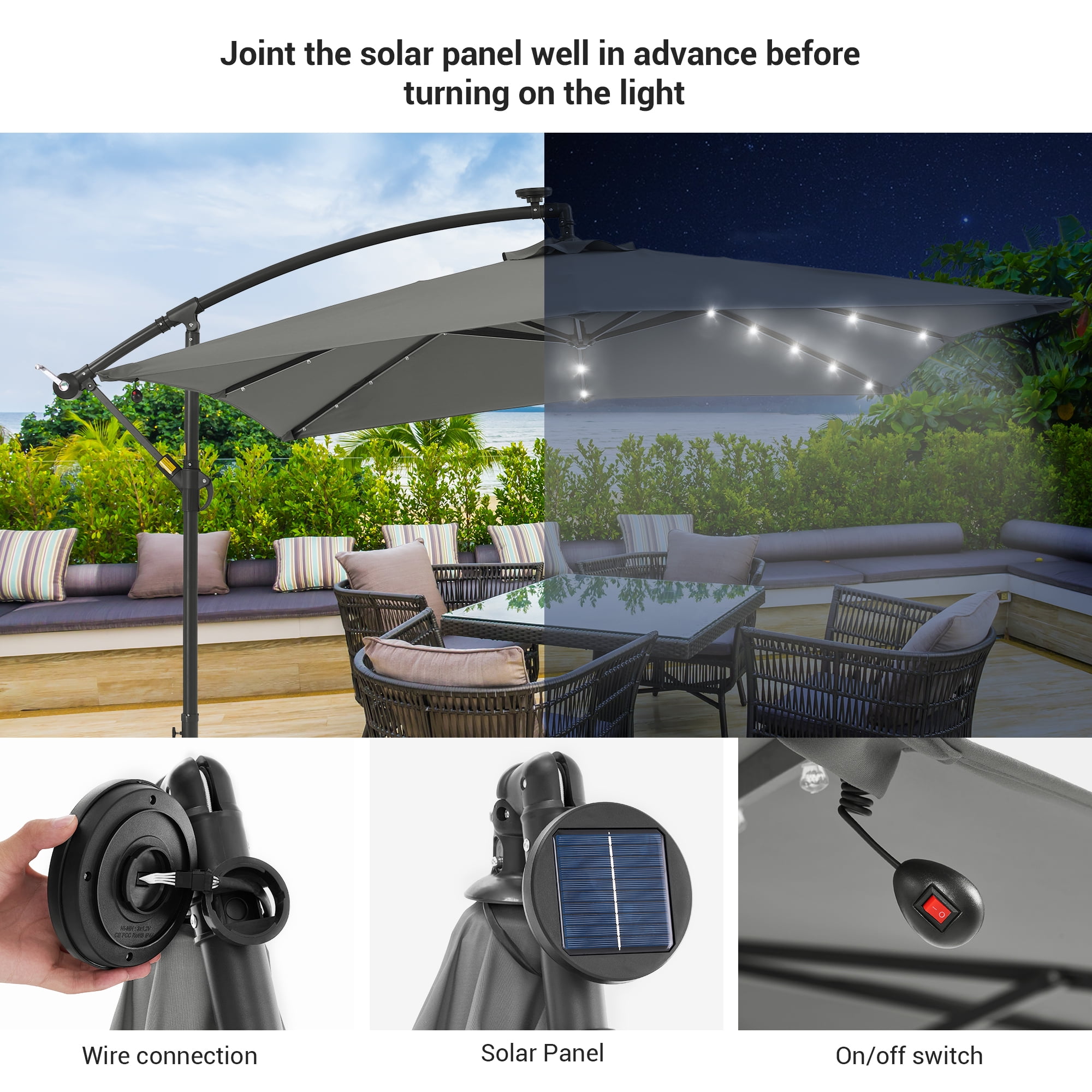 ACEGOSES 8.2x8.2ft LED Square Outdoor Patio Canopy Offset Umbrellas for Gardens, Lawns and Yard,Gray