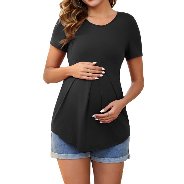 INSPIRAR CHIC Blusa de Maternidad de Manga Corta con Cuello Redondo Diseño Arrugado Camiseta de Maternidad con Cintura en Capas Negra Mediana
