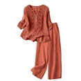 thumbnail image 2 of 3/4 Sleeve Embroidered Linen Set for Women, V-Neck Cotton Blend Top & Wide Leg Cropped Pants 2 Piece Outfit - Boho Summer Vacation Lounge Co-ord Set Saffron L, 2 of 8
