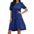 thumbnail image 3 of HUBERY Women Floral Print Crew Neck Short Puff Sleeve Ruffled Keyhole Back Midi Dress, 3 of 6