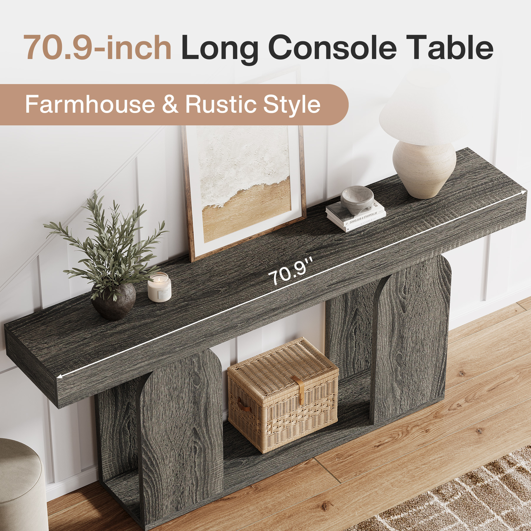 Fnova 70.87" Farmhouse Console Table for Entryway, 2-Tier Storage Long Narrow Wood Entryway Table, Easy Assembly, Gray