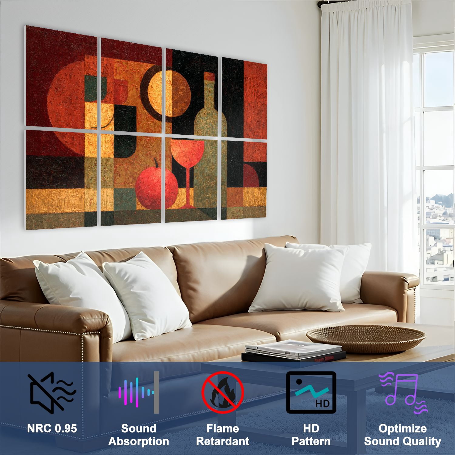 8 Pack Art Acoustic Panels Wine Glass Still Life Abstract Bar Wine Bottle Two Wine Glasses Self Adhesive Sound Absorbing Panels for Home Office Studio Media Room 48"x32"