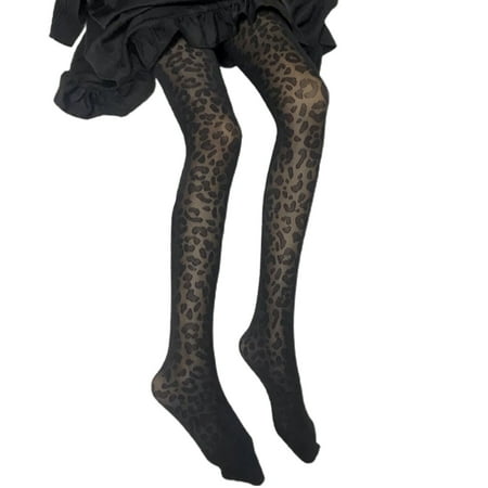 POPLIS Women Thin Black Pantyhose Vintage Leopard Printed Sheer Tights Stockings Party Lingerie Leggings Hosiery