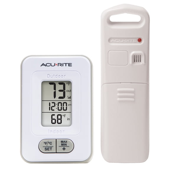 AcuRite Battery-Powered Indoor/Outdoor Digital Thermometer with Clock, White, 3.5" H x 2.3" W x 1.2" D