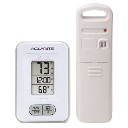 AcuRite Battery-Powered Indoor/Outdoor Digital Thermometer with Clock, White, 3.5 H x 2.3 W x 1.2 D
