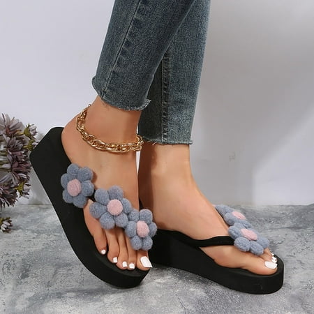 

Sawvnm Women s Slope Heel Slippers Thick Soled Shoes Flower Flip-flops Beach Sandals Family gifts Navy US:7.5