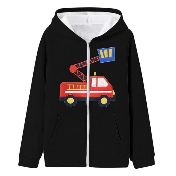 DHFJKG Coat Boys Girls Fire Truck Print Hooded Zip Up Jacket For Kids Warm Outerwear Coats For Toddler And Children Casual School Outdoor Winter Fall Long Sleeve With Pockets Comfort OutWear