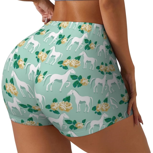 Balery Horse And Flower Pantalones cortos de entrenamiento estampados para mujer, sin costuras, ajustados, para gimnasio, yoga, correr, deportes, ejercicio activo, fitness.-Small