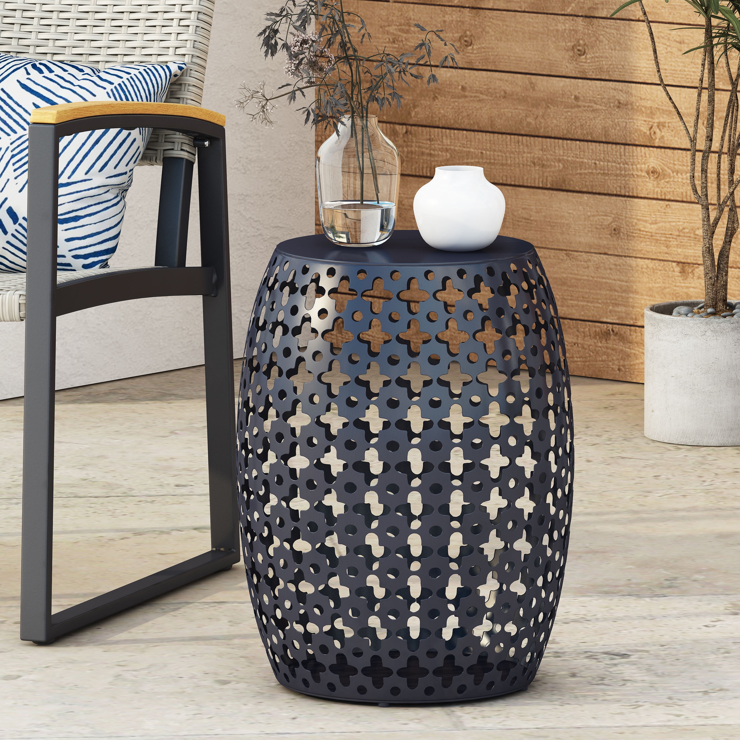 Outdoor Large Cylindrical Side Table, Hollow Out Iron Craft Tabletop for Patio Garden, Navy Blue